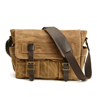 cross shoulder bag, khaki, waxed canvas and leather straps