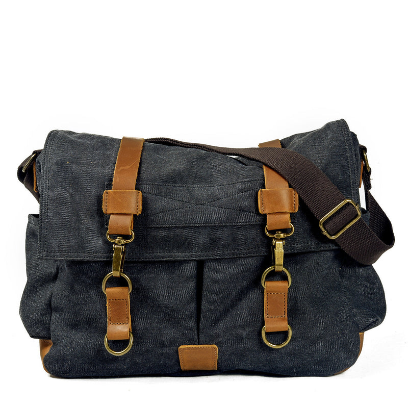 crossbody shoulder bag, dark grey, cotton canvas and coffee crazy horse leather