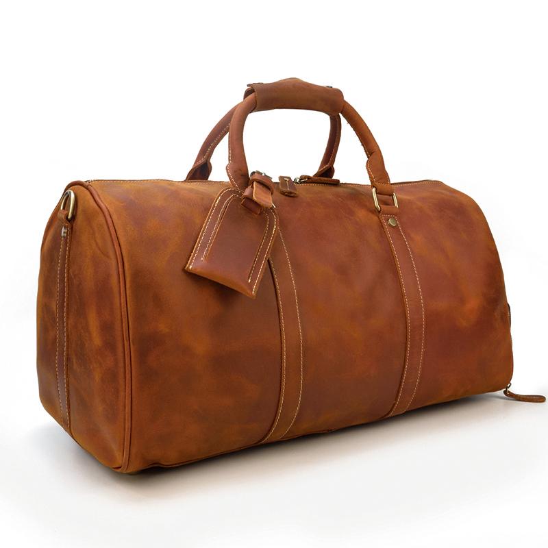dark brown leather duffle bag