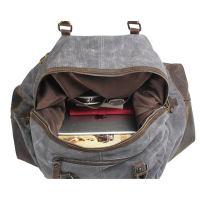 grey duffle checker bag with interior compartments