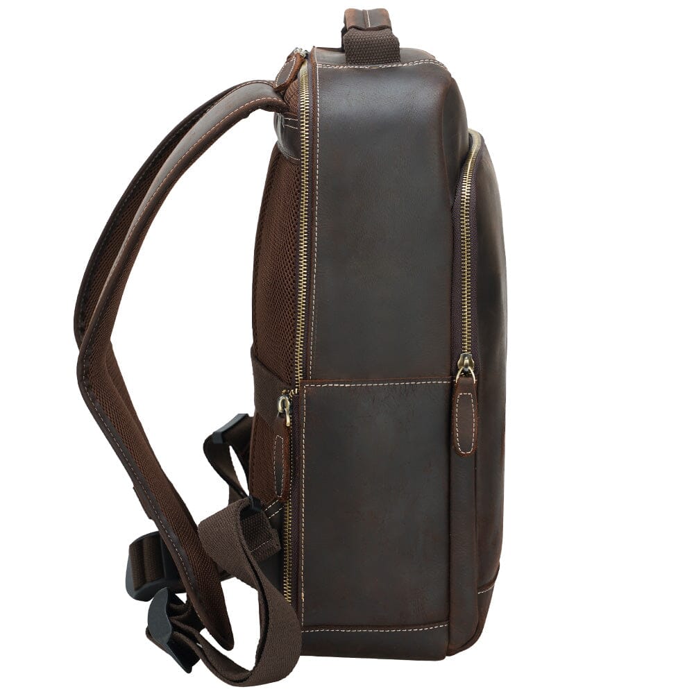 brown genuine leather backpack with padded back panel and shoulder strap