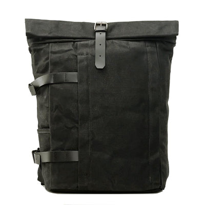 Canvas motorcycle backpack, black, waxed canvas and leather design