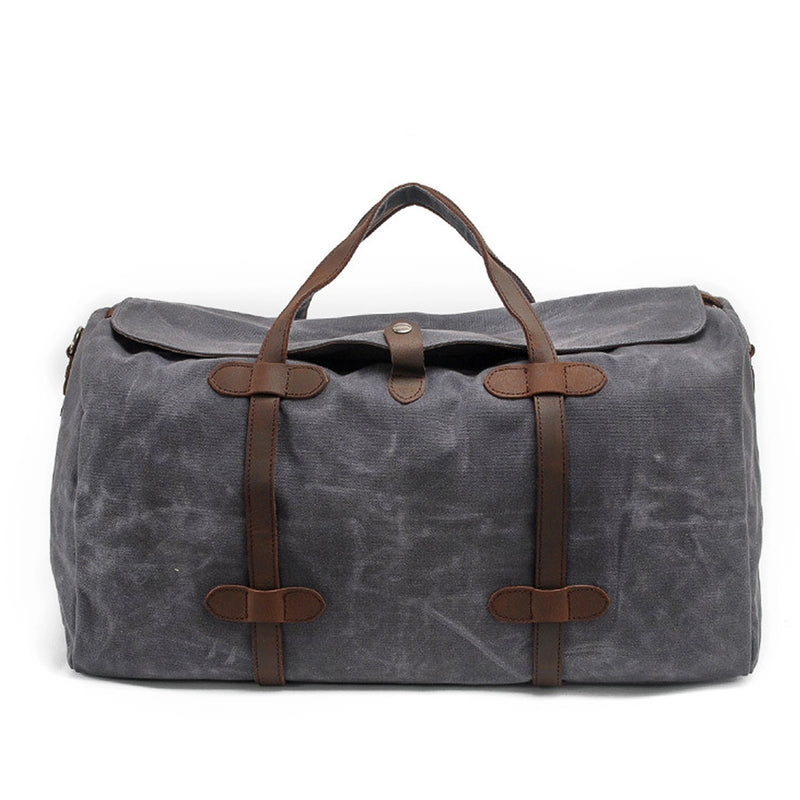 gym duffle bag, grey, waxed canvas and full grain leather details