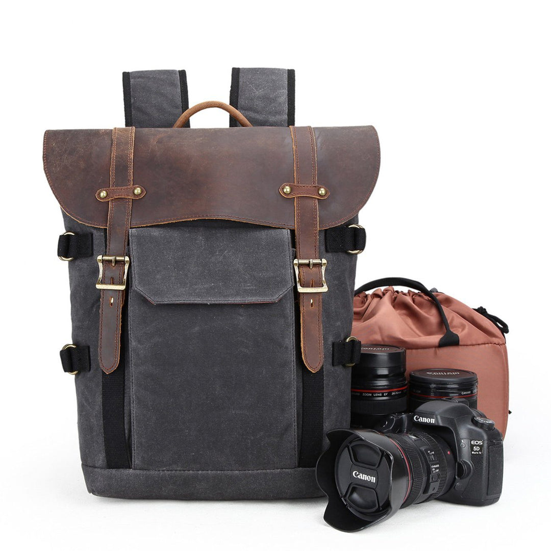 backpack camera bag leather Leather DSLR Camera Bag - Dark Grey - 15" Padded Laptop Pocket - Removable Foam Inserts - Weatherproof Waxed Canvas - 20L - Unisex