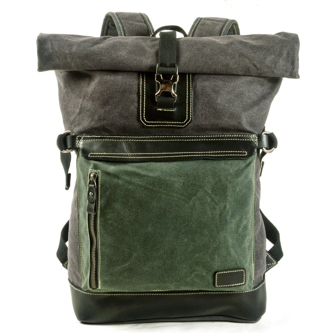 College bag, emerald green, waxed canvas with black leather trim