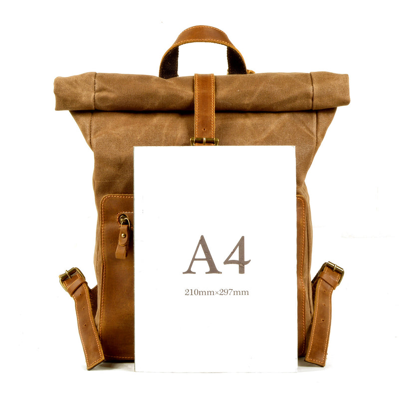 A4 Size Ruck Sack Waxed Canvas Rucksack - Roll Top 15.6