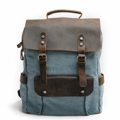 sac à dos vintage en toile et cuir pour homme en bleu ciel, design vintage et style rétro