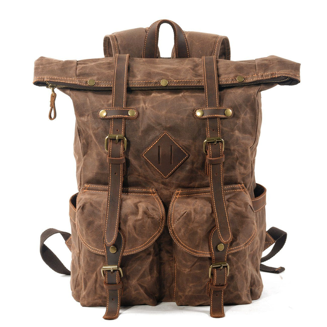 Canvas hipster backpack in coffee brown waxed canvas with crazy horse leather trim, brass buckle closures and side cargo pockets, Eiken Berlin model