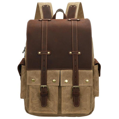 Camera rucksack, khaki, waxed canvas with leather