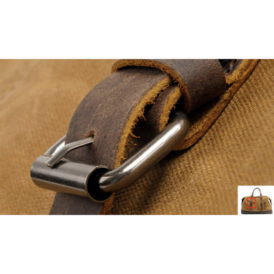 khaki duffle bag with magnetic brass buckle