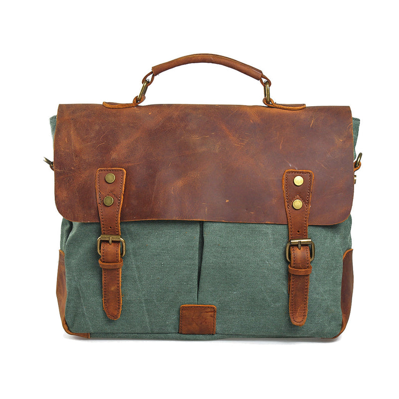 laptop shoulder bag, emerald, canvas and full grain leather