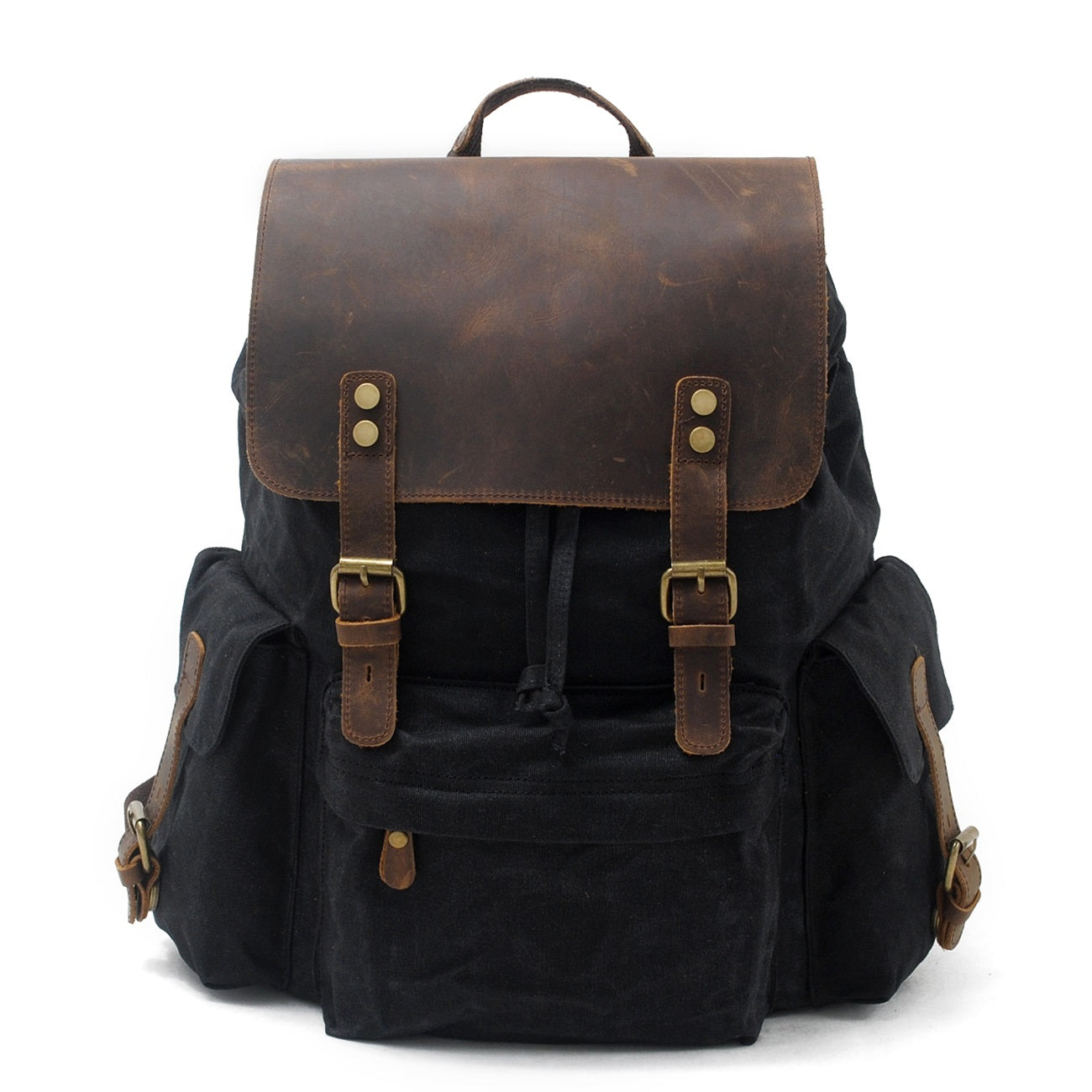 Waxed canvas backpack, black, rugged design with leather details