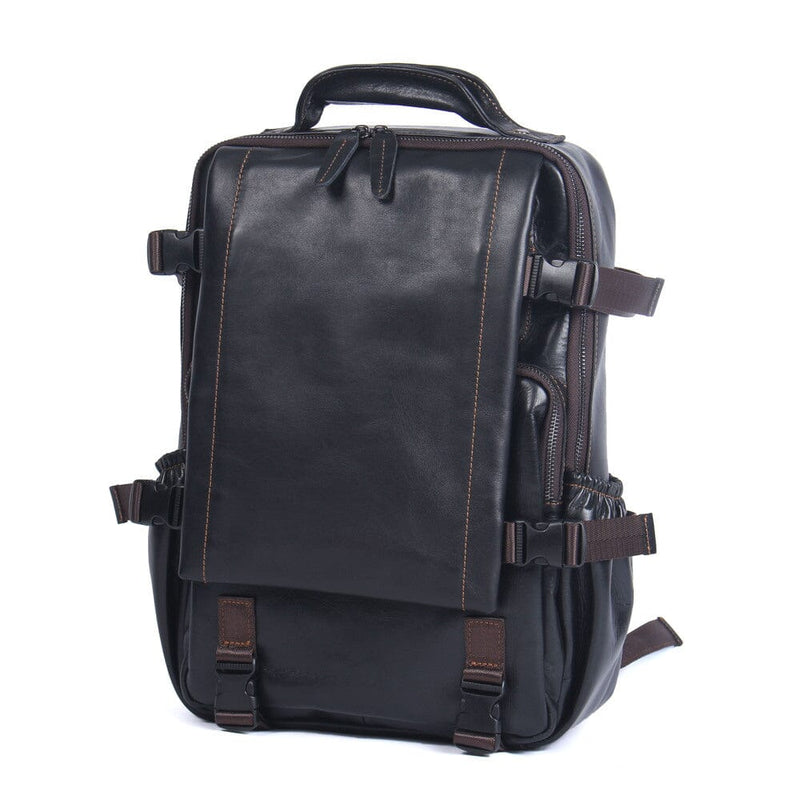 college leather backpack Men's Black Leather Backpack LOGAN