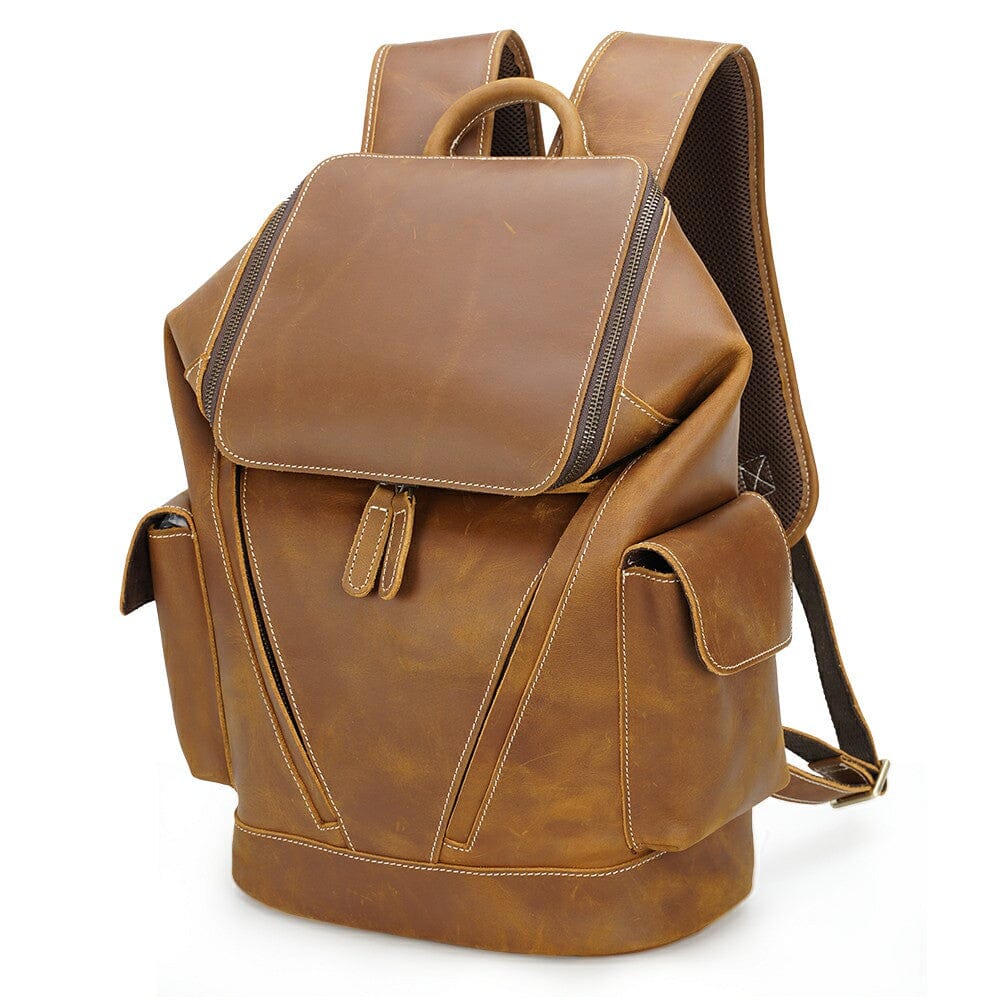 coffee leather bookbag with large main opening and leather handle