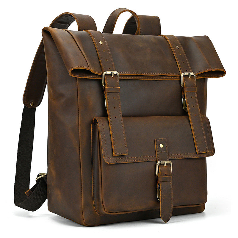 distressed leather men's backpack Leather Roll Top Backpack