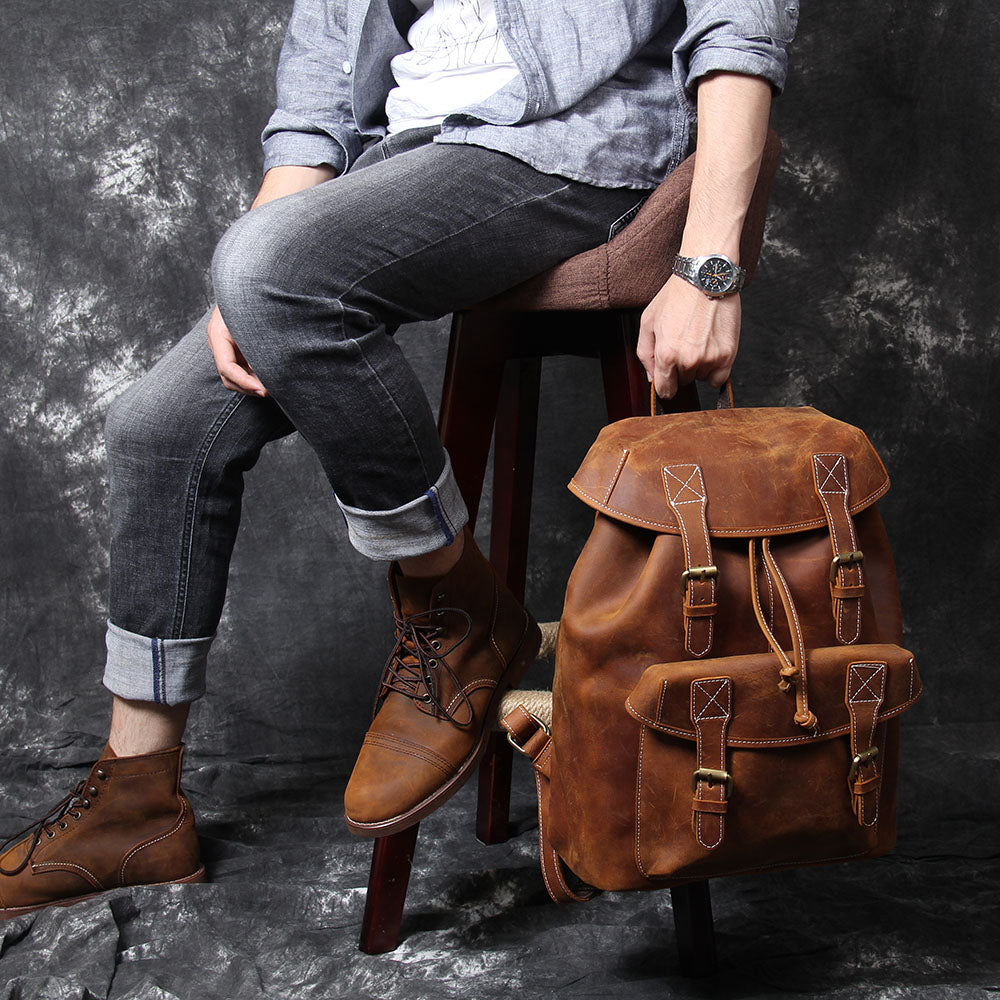 brown leather backpack outfit Leather Knapsack - Vintage Backpack for Men