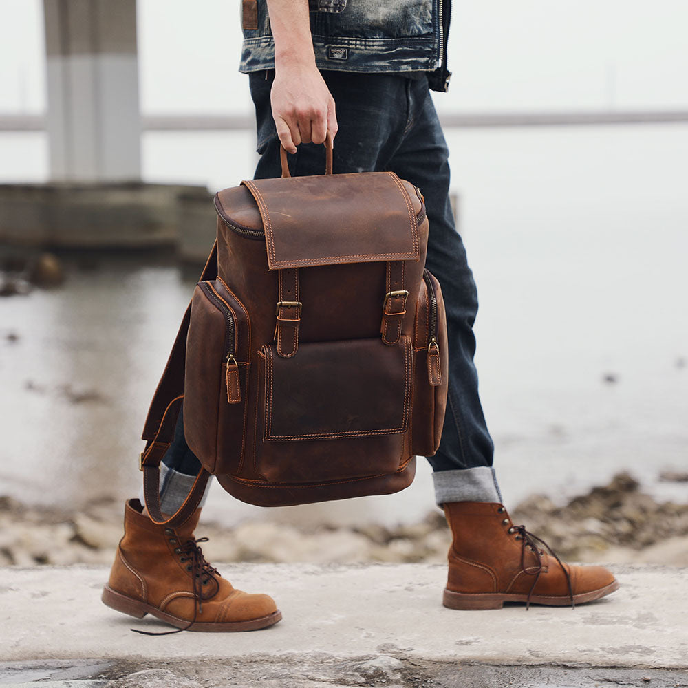 Leather Laptop Backpack Vintage Travel Bag HORE