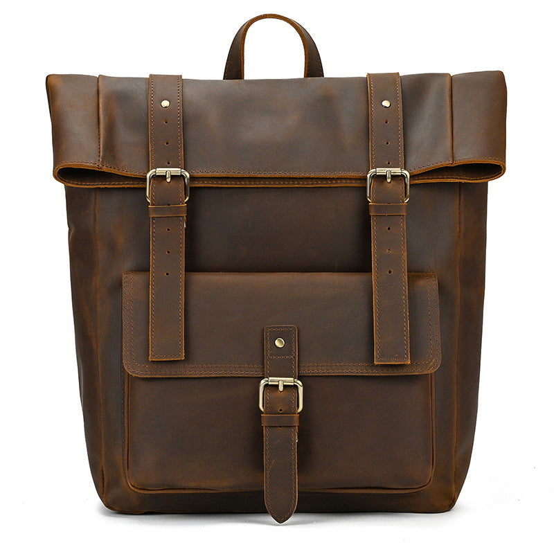 sac à dos roll top cuir pour homme, marron, cuir épais, indiana