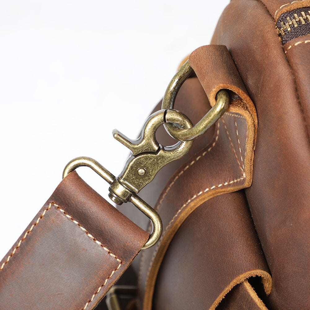 Close-up of removable shoulder strap detail on Leather Travel Duffle
