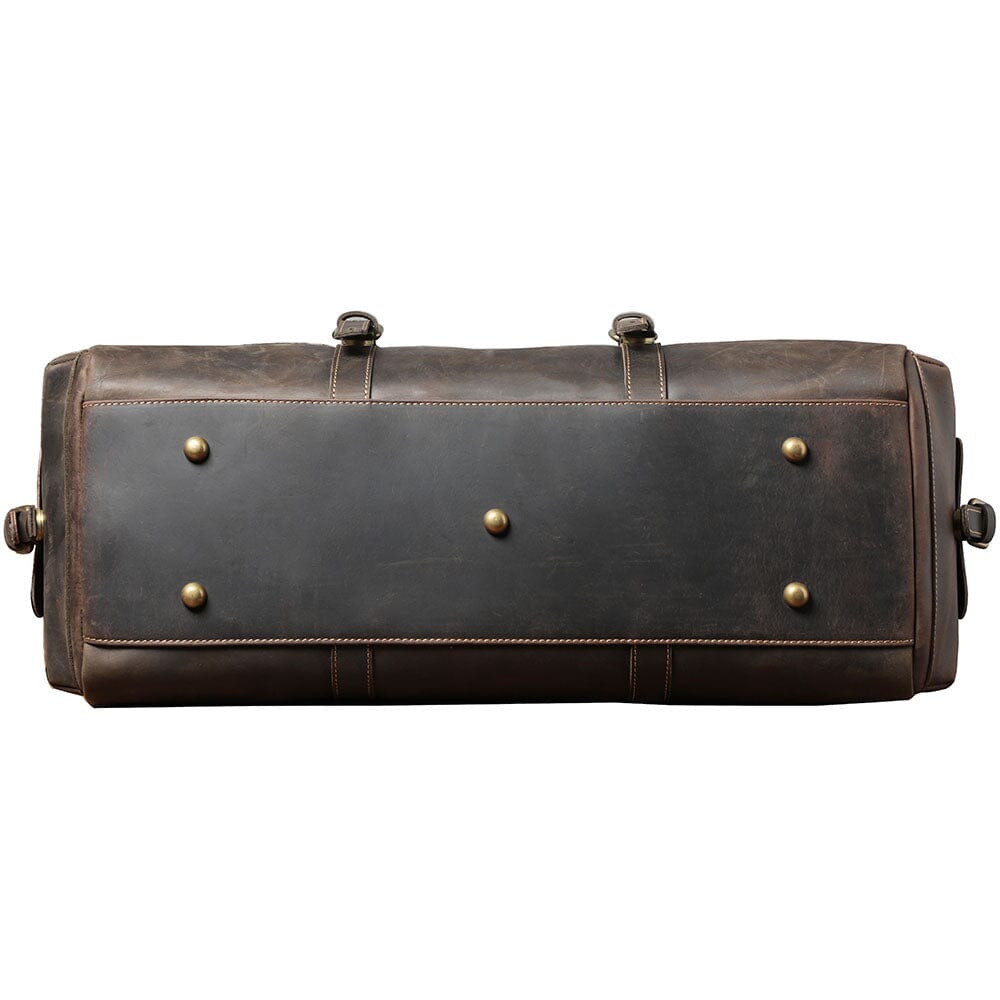 bottom view of a leather duffle bag, brown color
