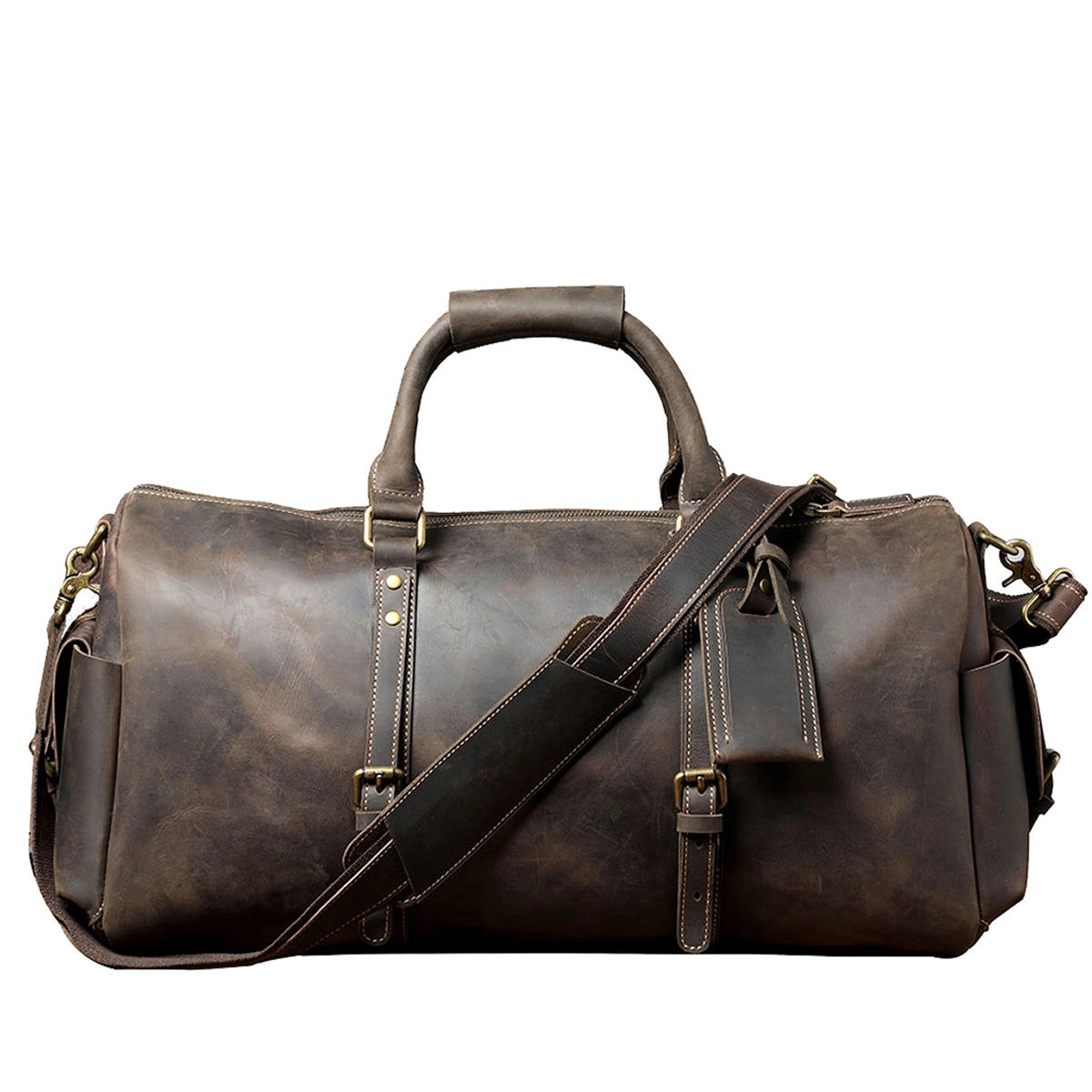front view of a leather travel duffle bag, brown color