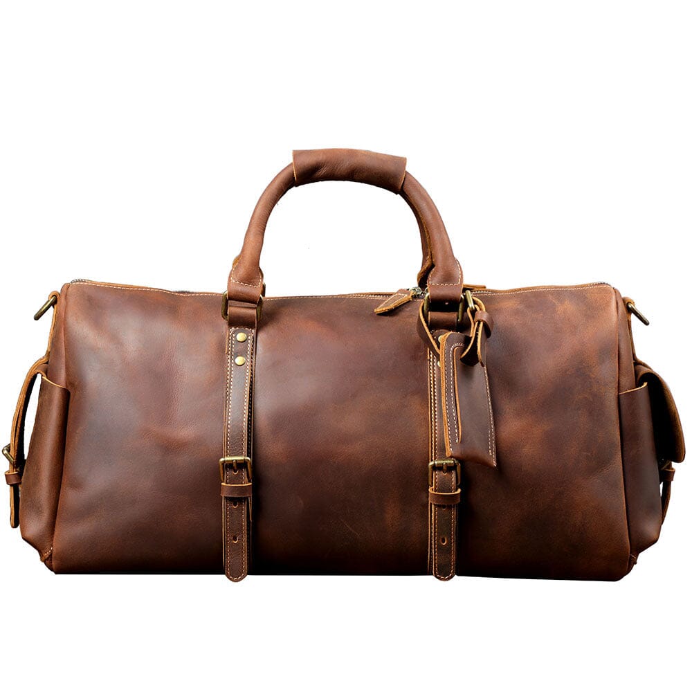 front view of a leather travel duffle bag, coffee color