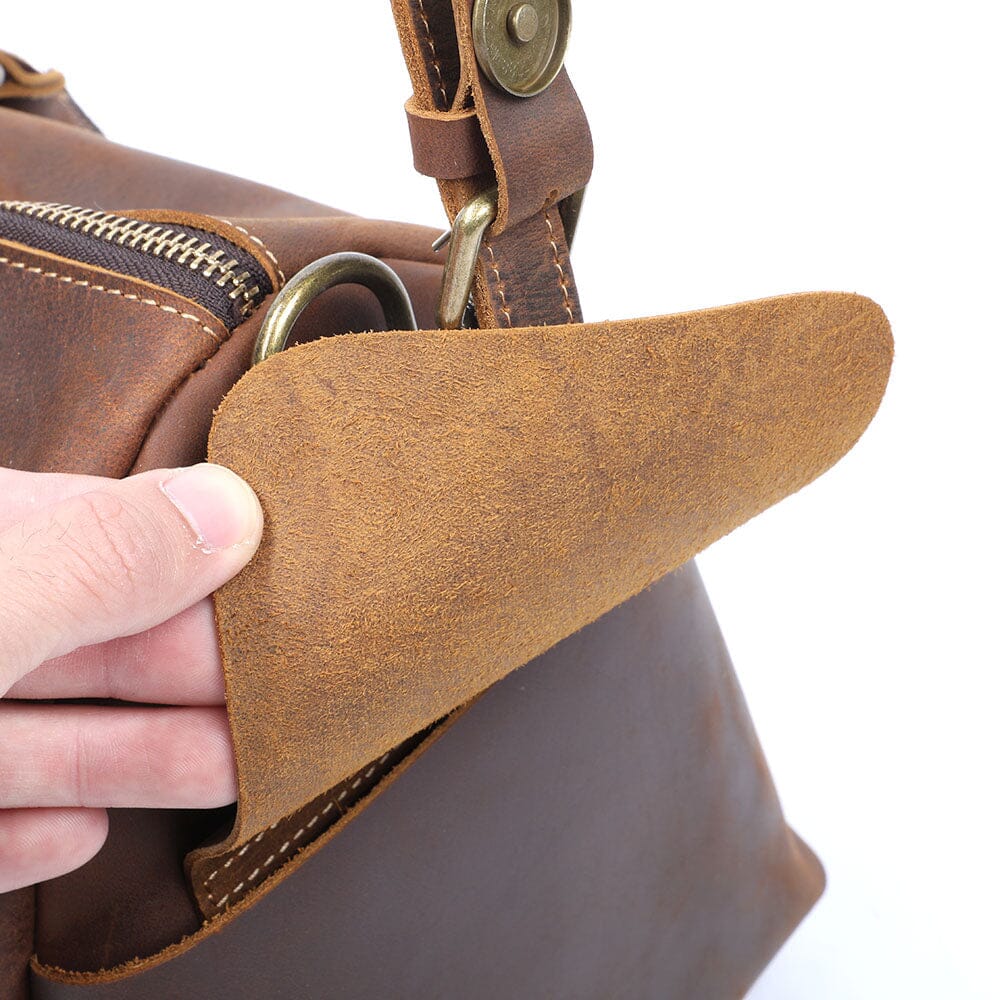 Close-up of crazy horse leather material detail on Leather Travel Duffle Bag