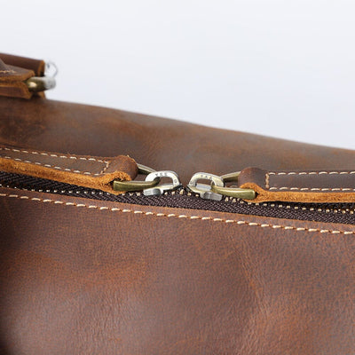 Close-up of YKK doubled zipper detail on Leather Travel Duffle