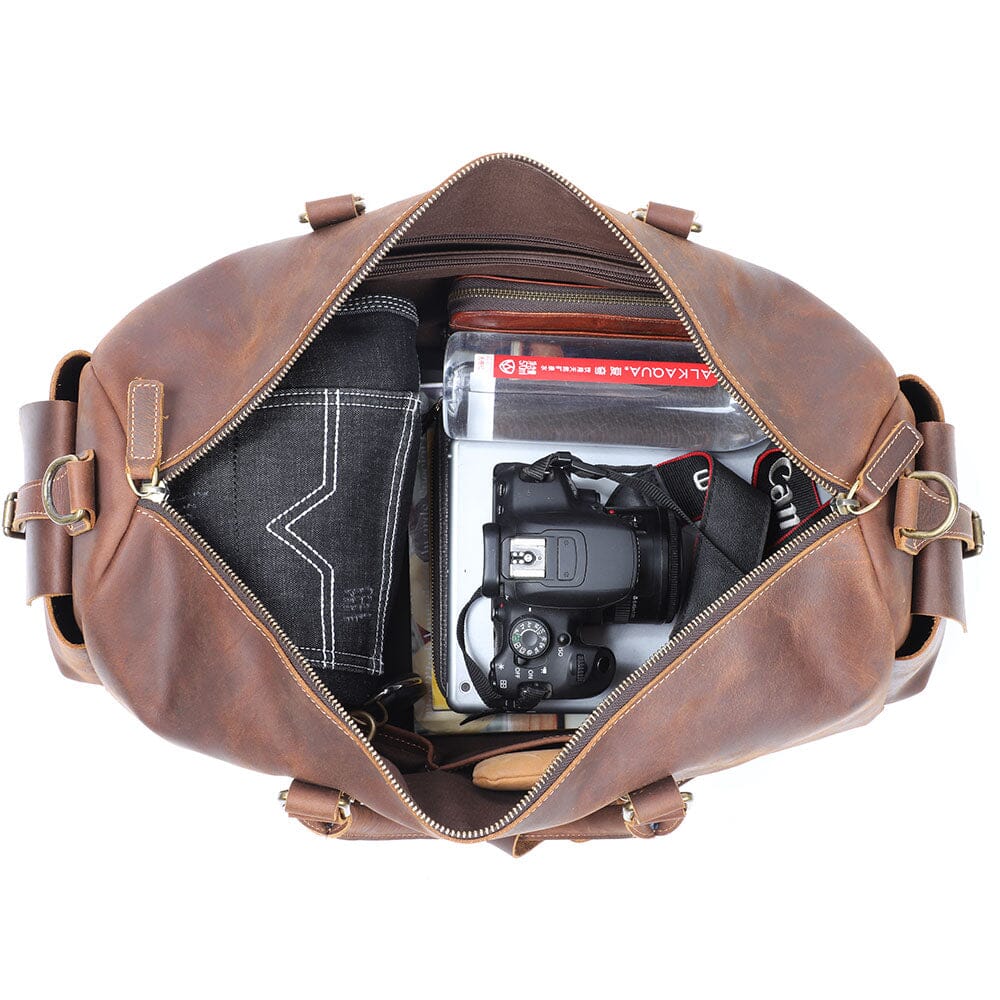 Open Leather Travel Duffle Bag showing contents