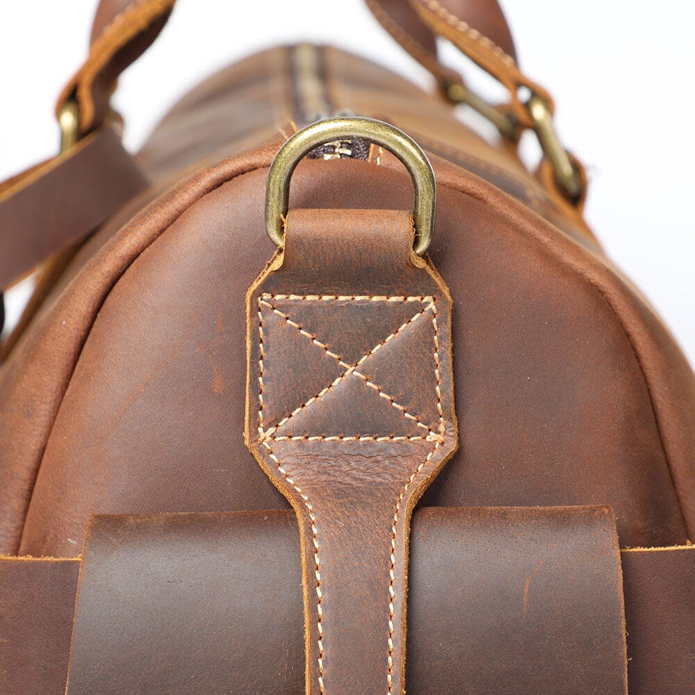 Close-up of reinforced stitching detail on Leather Travel Duffle