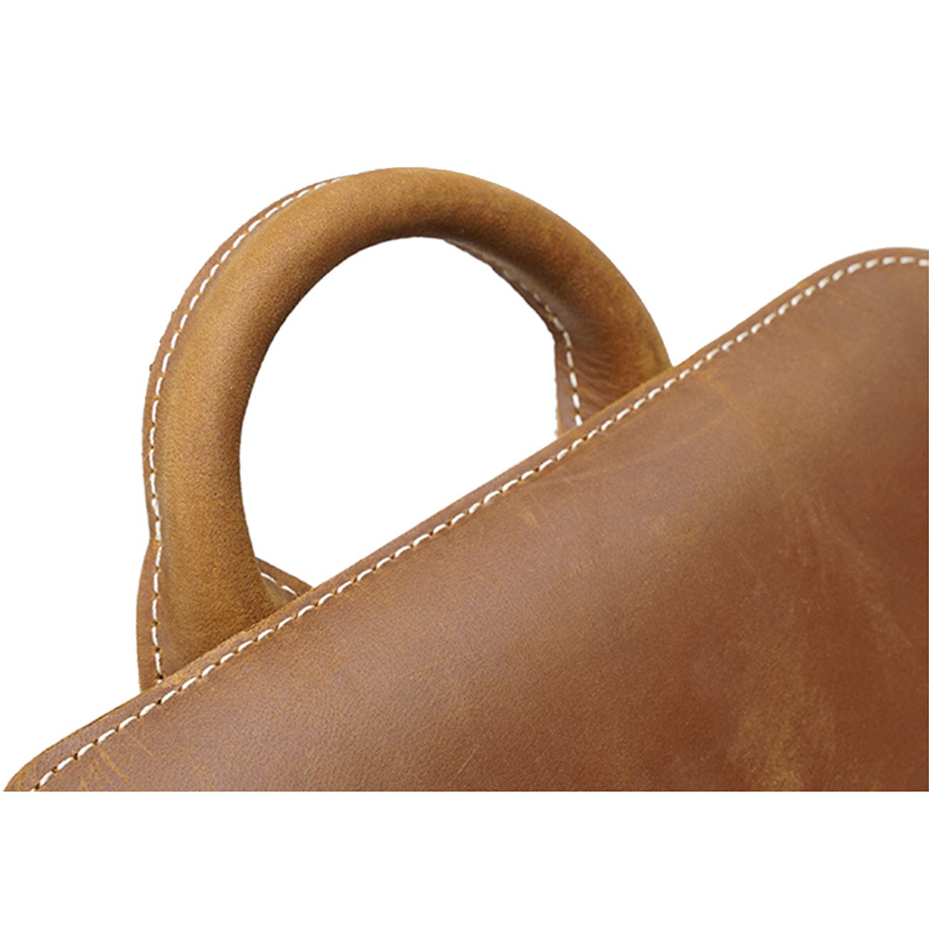top leather handle of a leather work backpack