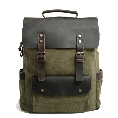 waterproof canvas laptop rucksack in light green, cotton canvas and pull up leather, front view