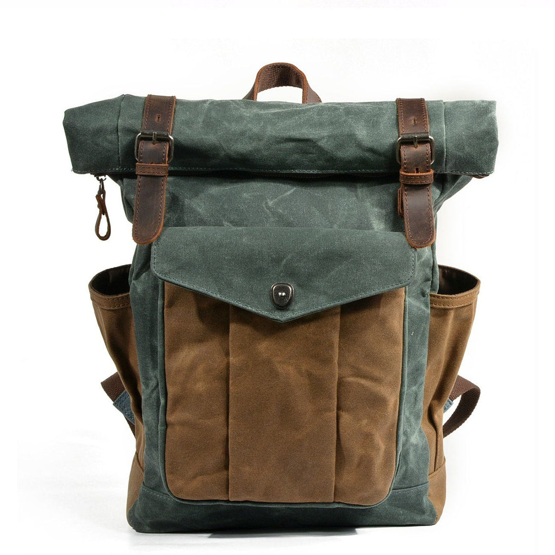 Small waxed canvas backpack / Hipster Backpack with rolled newest top and leather shoulder straps