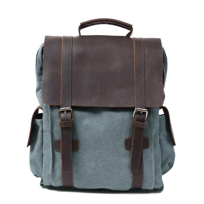 Small canvas backpack, light blue, cotton canvas with leather accents