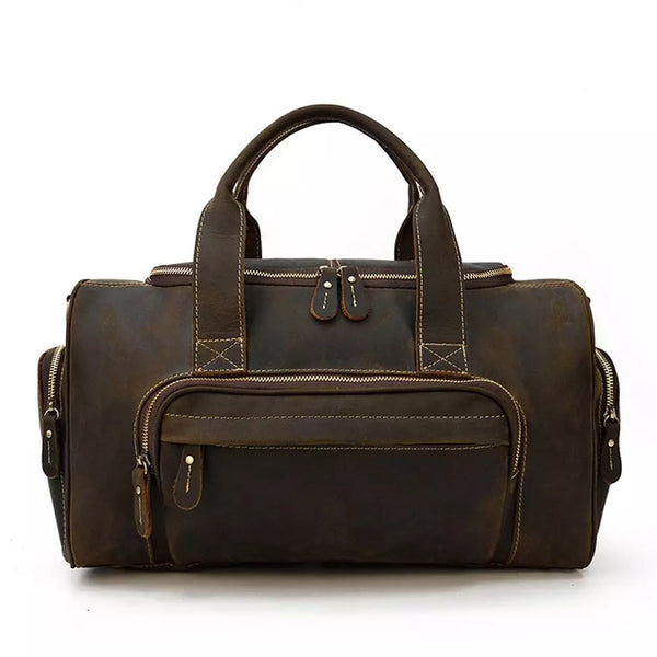 Men's Leather Duffle Weekend Bag - Tan Gym Travel Holdall With Adjustable Straps