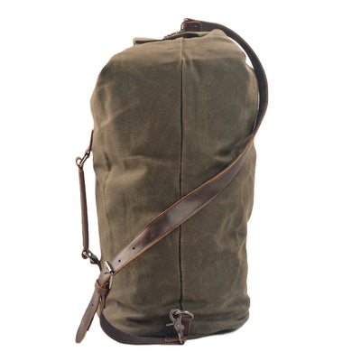 military duffel bag, army green, robust waxed cotton canvas and pull up leather