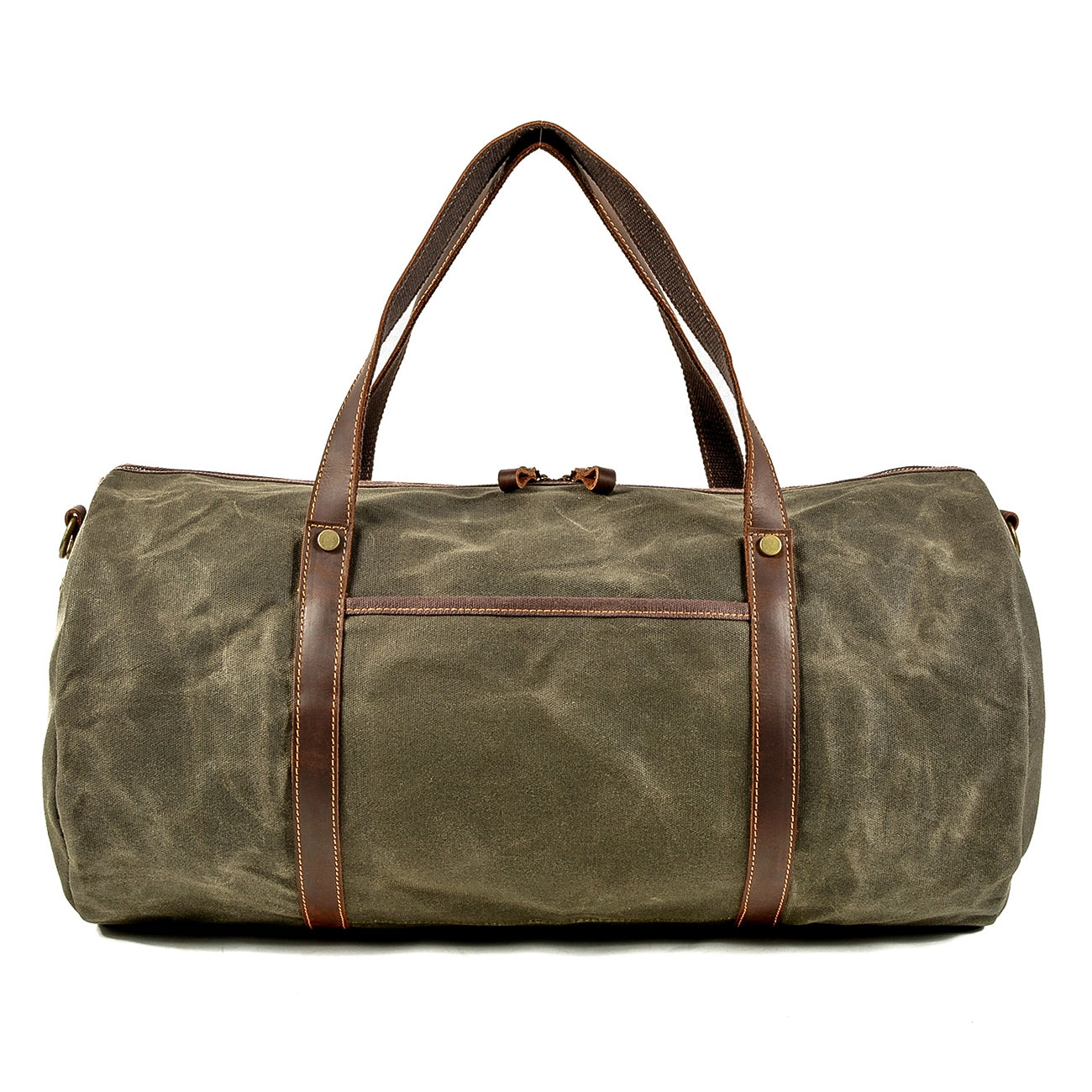 military duffle bag, army green, rugged waxed cotton canvas and cow leather