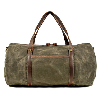 military duffle bag, army green, rugged waxed cotton canvas and cow leather