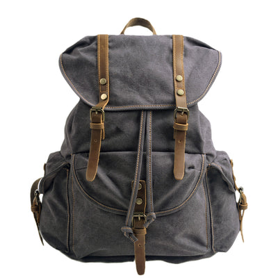 Military canvas backpack, light grey, cotton canvas and leather accents