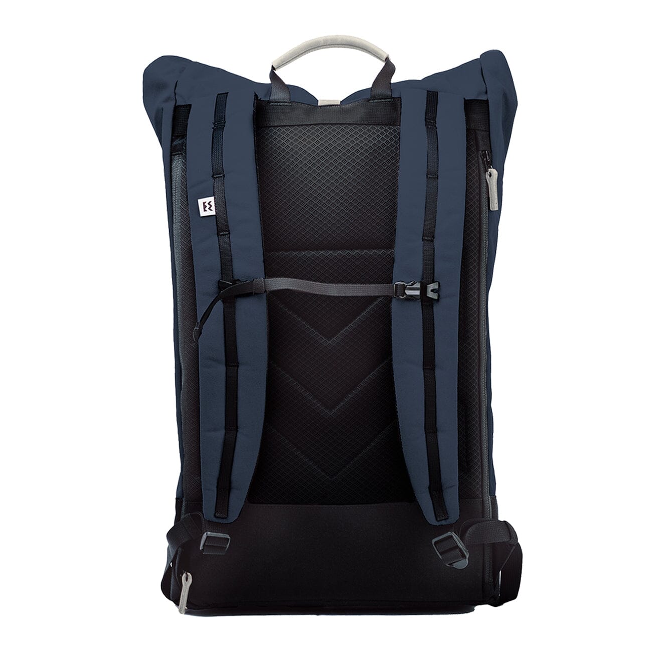 back view of the recycled plastic backpack in navy blue color from mero mero brand