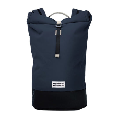 front view of the recycled plastic backpack in navy blue color from mero mero brand