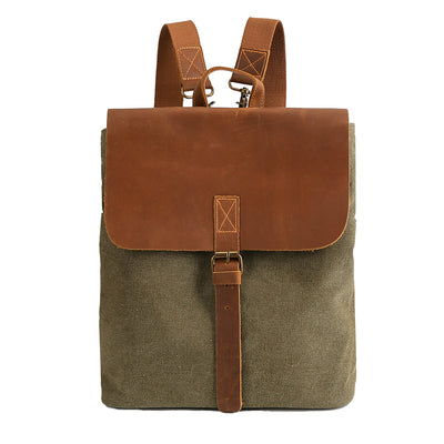 Women's rucksack, light green, cotton canvas with brown leather