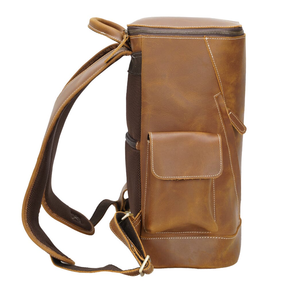 side of a coffee real leather backpack with secret anti theft bag pocket