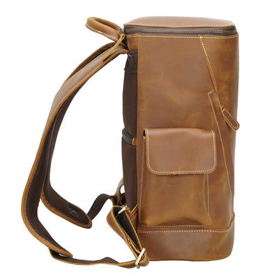 side of a coffee real leather backpack with secret anti theft bag pocket
