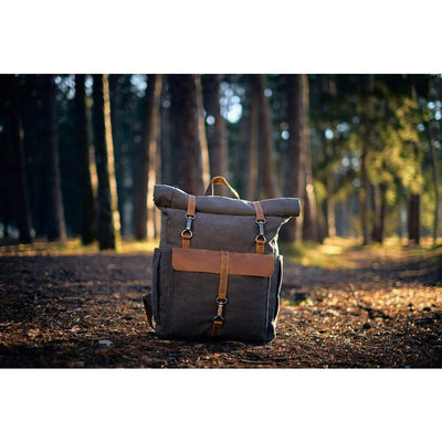 canvas rucksack in a forest
