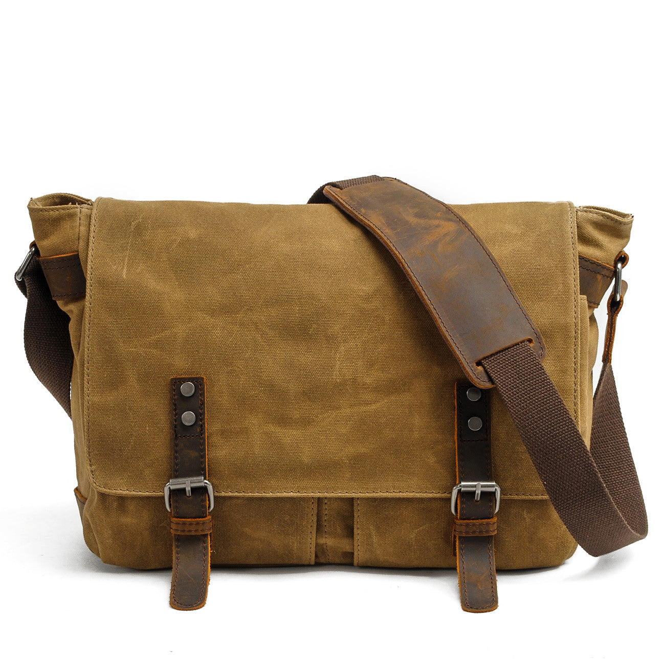 retro shoulder bag, khaki, waxed canvas and pull up leather straps