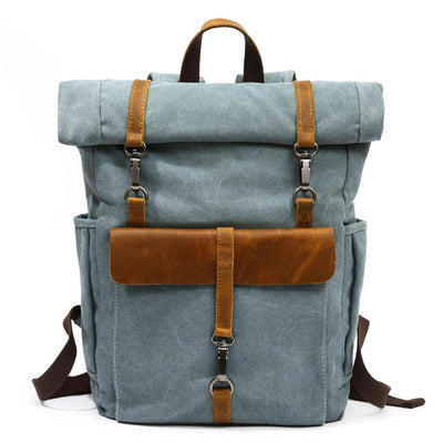 sac à dos de voyage roll top rétro en toile non lavée et cuir marron, bleu ciel, style antique pour femme et homme