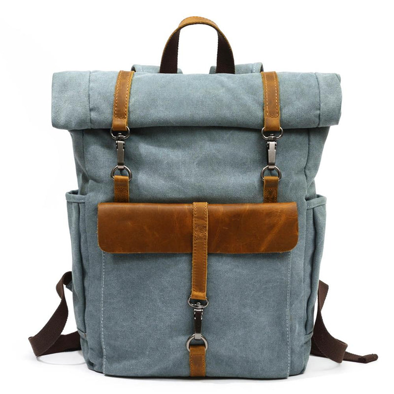 Retro canvas rucksack, light blue, classic cotton canvas with full-grain leather