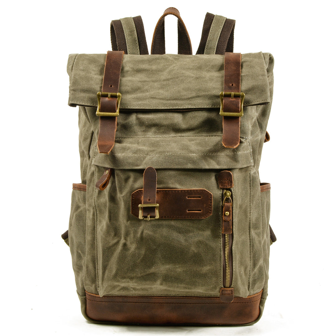 Rustic backpack in army green with rugged leather flap, brass buckles and rustic cotton canvas body, Eiken Jersey model