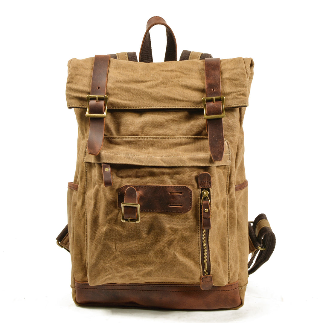 Rustic backpack in khaki with rugged leather flap, twin leather straps and brass buckle closures, Eiken Jersey model